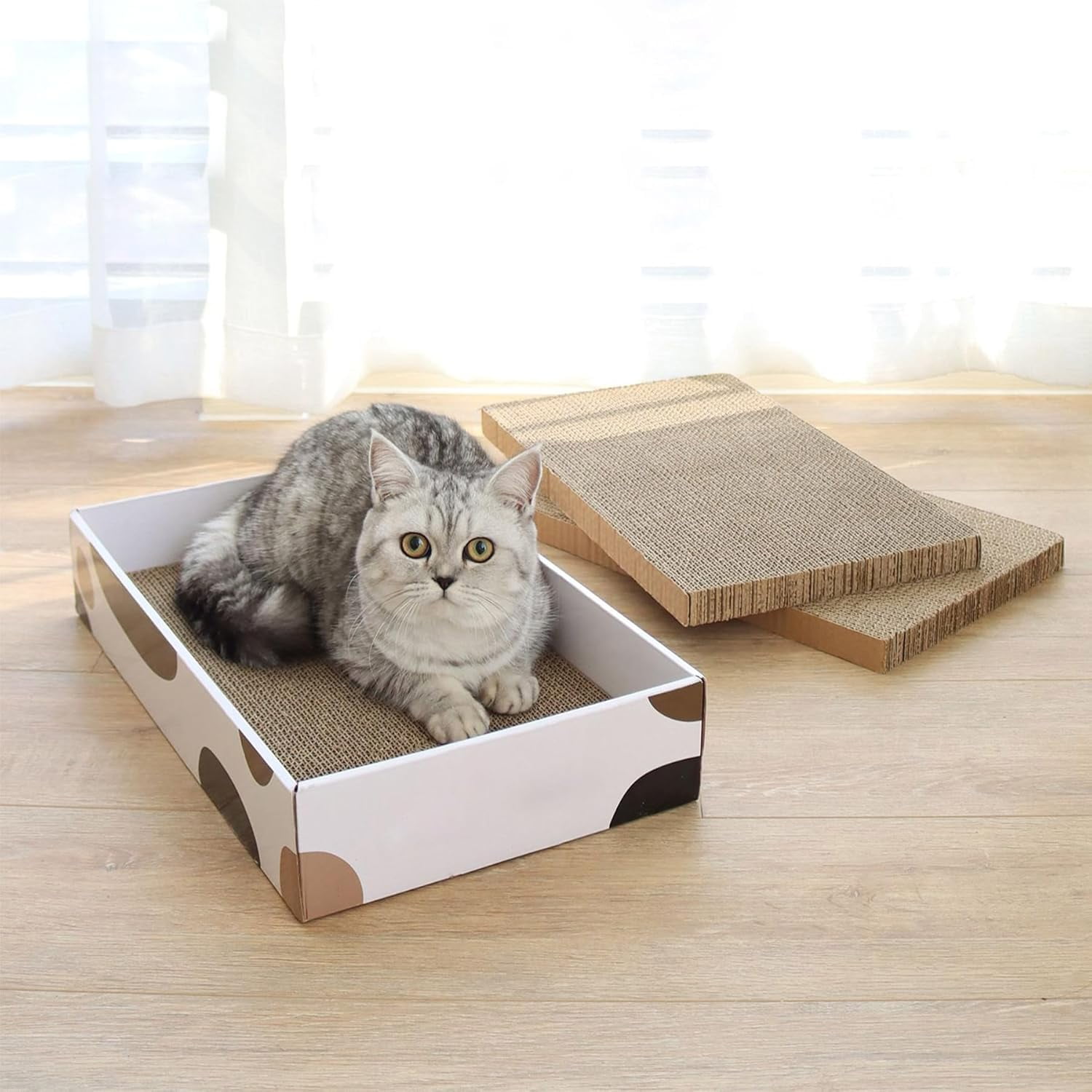 "17×10 Inch Cat Scratcher Refill Box | 3-Pack Reversible Corrugated Pads | Long-Lasting Indoor Cardboard Scratching Board for Furniture Protection"