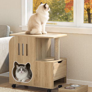 Cat Feeding Station with Bowls, Cat Food Table with Moving Wheels, Cat Bed Window Perch with Vertical Scratcher and Mat