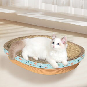 KeirineCC Oval Cardboard Cat Scratcher Bed Lounger Couch for Indoor Cats, Corrugated Cat Scratching Pad Box Durable,Cat Scratch Lounge Furniture Protection 12x12x3 Inch,Blue