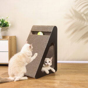 HWRETIE Triangular Cat Scratcher Ramp Bed Cardboard Cat Scratch Toy with Spinning Balls Wear-Proof Non-Shedding Cat Claw Pad for Kittens and Indoor Play Use