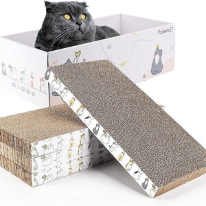 4 Pack Cat Scratch Pad with Box, Cardboard Cat Scratcher for Indoor Cats, Reversible Scratcher with Catnips Box Bed Desigh for Small Medium Cat Kitten, Scratching Board for Cats