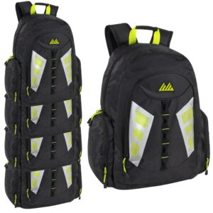 24 Pack of Bulk Wholesale 19"L Waterproof Safety Reflective Multi Pocket Dual Zipper Laptop Backpacks with Padded Adjustable Shoulder Straps and Back in Black, Silver and Neon Green
