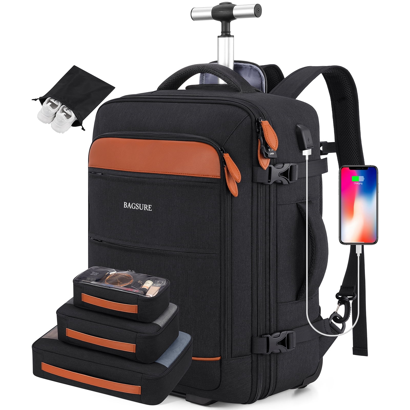 UKEIN Rolling Backpack for Adults Backpack with Wheels with USB Charging Port & Combination Lock Roller Backpack with Packing Cubes and Shoe Pocket