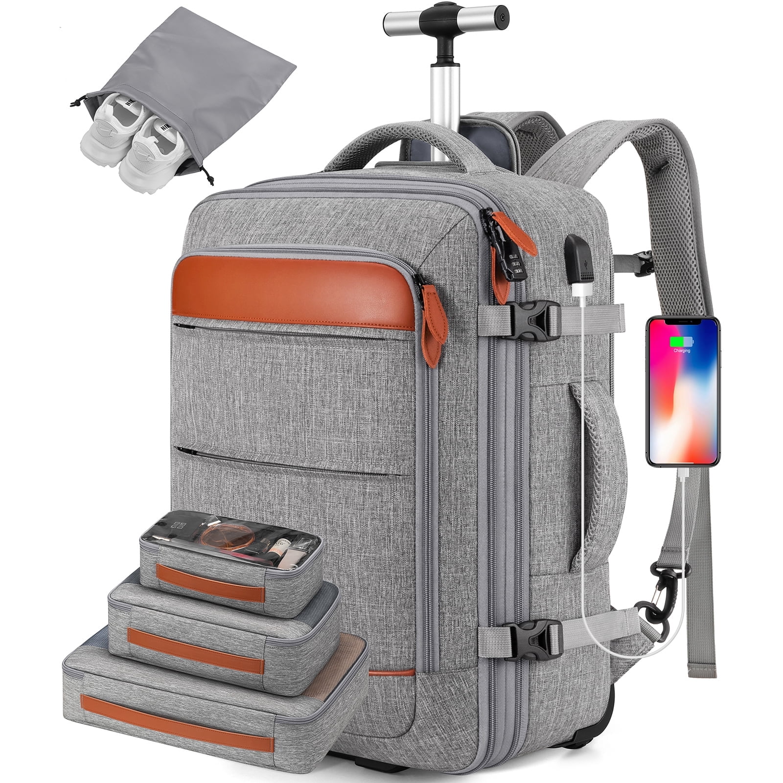 UKEIN Rolling Backpack for Adults Backpack with Wheels with USB Charging Port & Combination Lock Roller Backpack with Packing Cubes and Shoe Pocket - Image 9