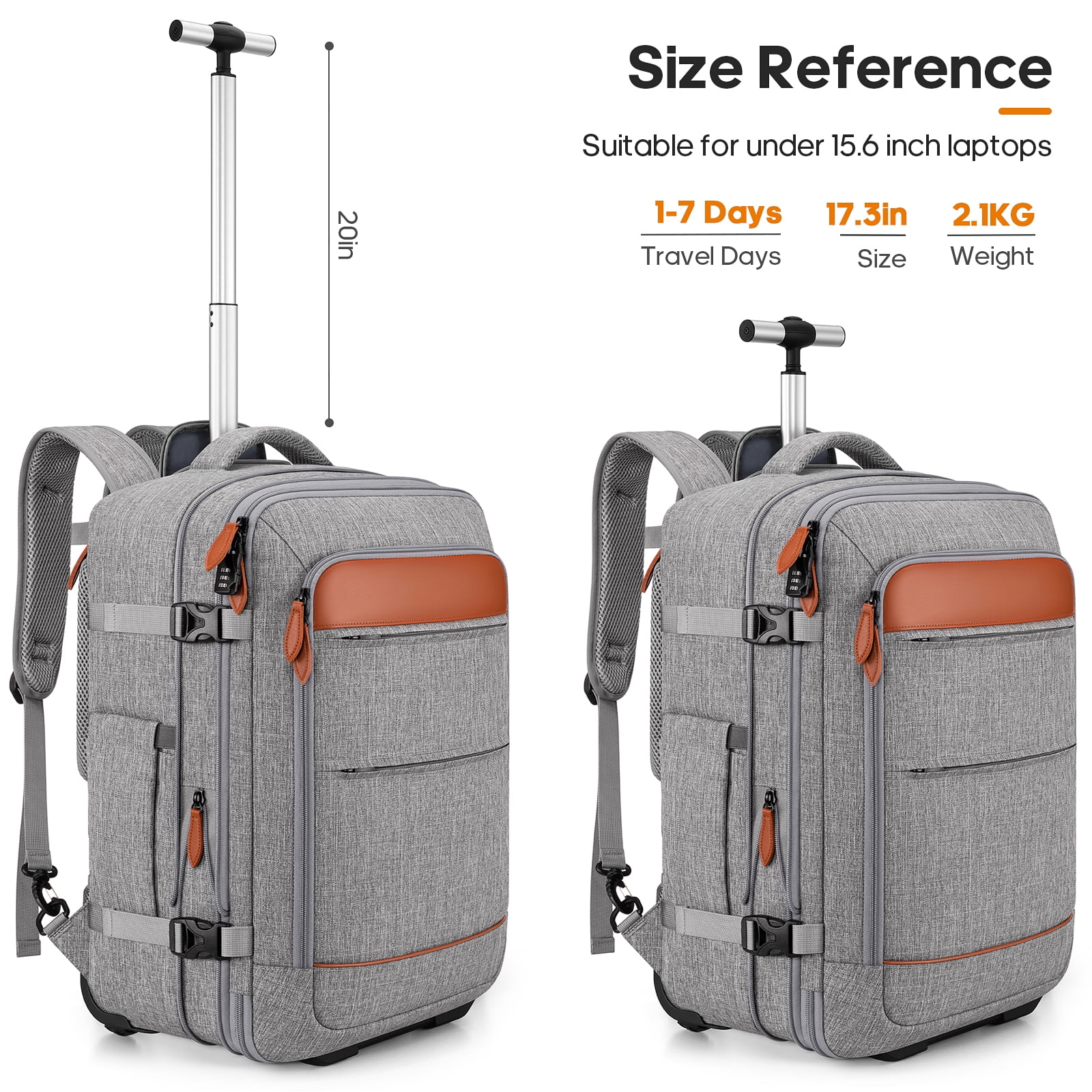 UKEIN Rolling Backpack for Adults Backpack with Wheels with USB Charging Port & Combination Lock Roller Backpack with Packing Cubes and Shoe Pocket - Image 16