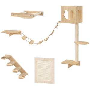 HOOBRO Wood Cat Wall Shelves, Set of 5 Modern Cat Wall Furniture with Corridor, Plush Hammock, Steps, Scratcher and Climbing Shelves for Playing, Sturdy, Durable and Safe, Natural NL45CS03