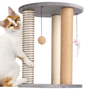 Cat Scratching Post Tower for Indoor Cats, 3 Sisal Rope Scratchers with Carpeted Base & Perch, Hanging Toys, Cat Tree Furniture Activity Center for Kittens & Small to Medium Cats by PETMAKER (Gray)