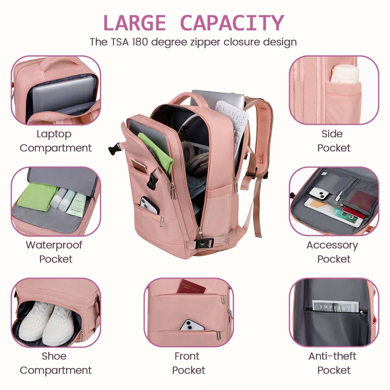 35L Travel Backpack for Women & Men, Carry On Backpack with USB Charging Port & Shoe Pouch, Expandable Flight Approved Backpack, Waterproof Travel Essentials for Weekender Business Hiking,Pink - Image 2