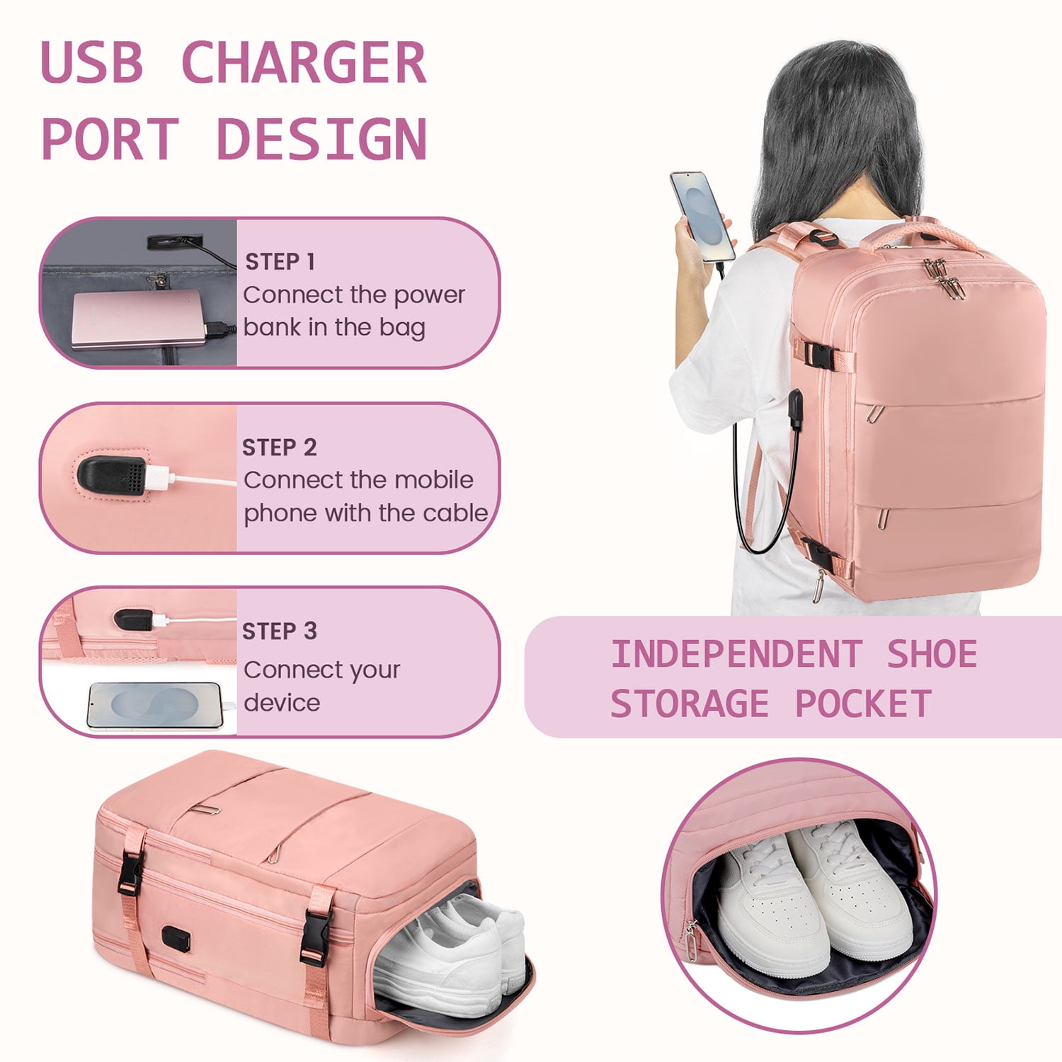 35L Travel Backpack for Women & Men, Carry On Backpack with USB Charging Port & Shoe Pouch, Expandable Flight Approved Backpack, Waterproof Travel Essentials for Weekender Business Hiking,Pink - Image 3