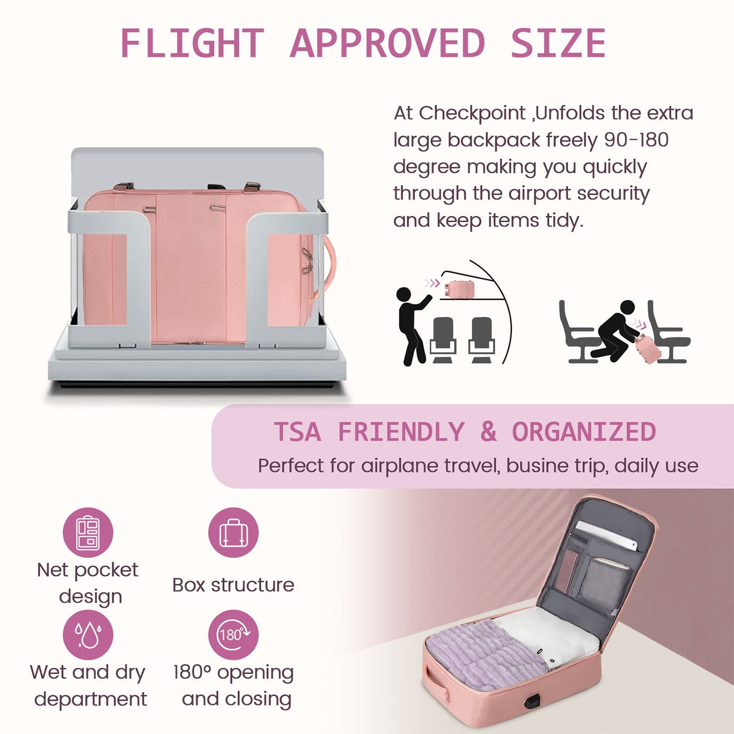 35L Travel Backpack for Women & Men, Carry On Backpack with USB Charging Port & Shoe Pouch, Expandable Flight Approved Backpack, Waterproof Travel Essentials for Weekender Business Hiking,Pink - Image 4