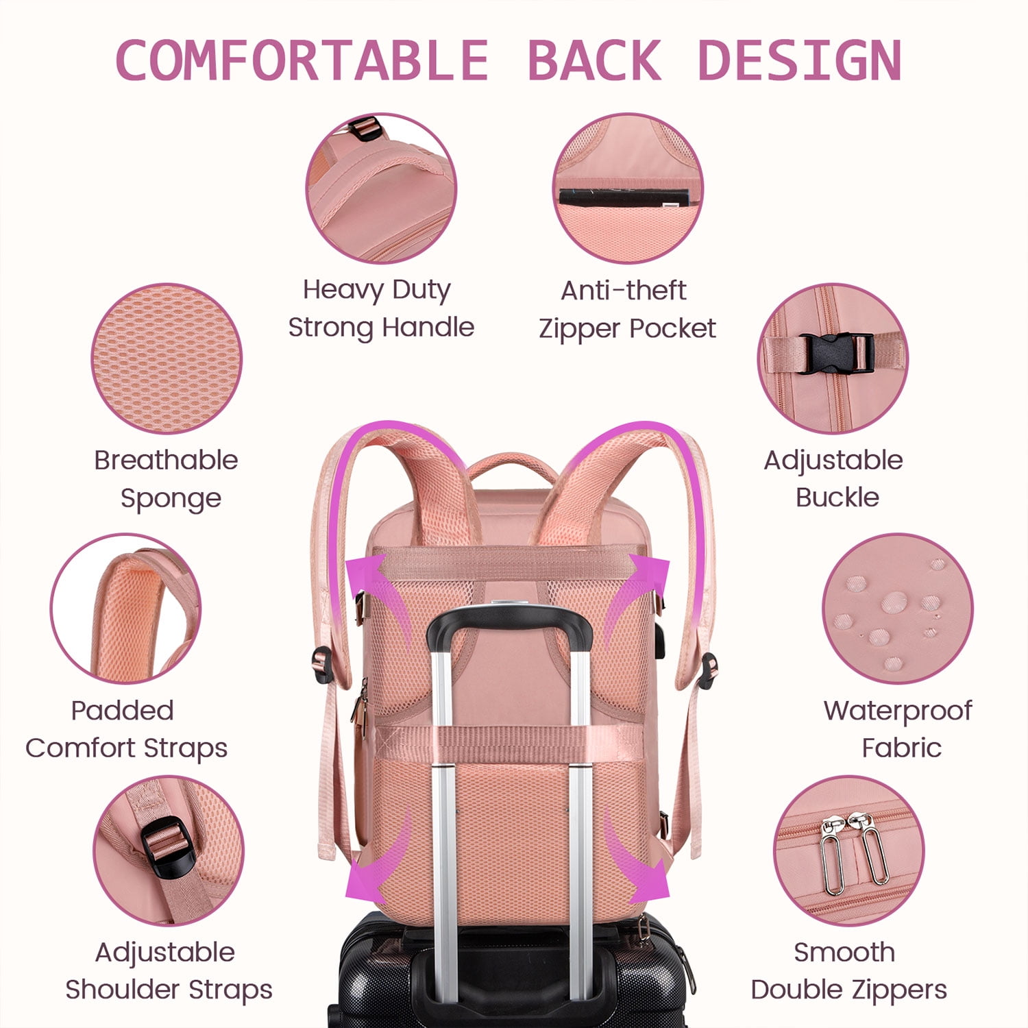 35L Travel Backpack for Women & Men, Carry On Backpack with USB Charging Port & Shoe Pouch, Expandable Flight Approved Backpack, Waterproof Travel Essentials for Weekender Business Hiking,Pink - Image 6