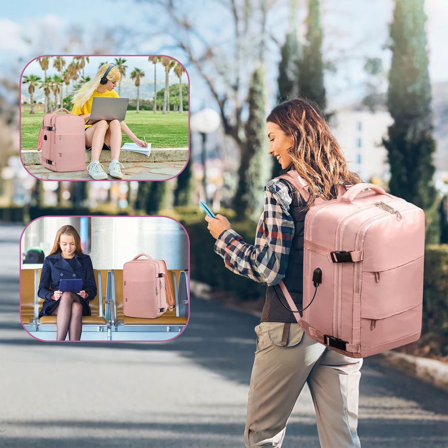 35L Travel Backpack for Women & Men, Carry On Backpack with USB Charging Port & Shoe Pouch, Expandable Flight Approved Backpack, Waterproof Travel Essentials for Weekender Business Hiking,Pink - Image 7