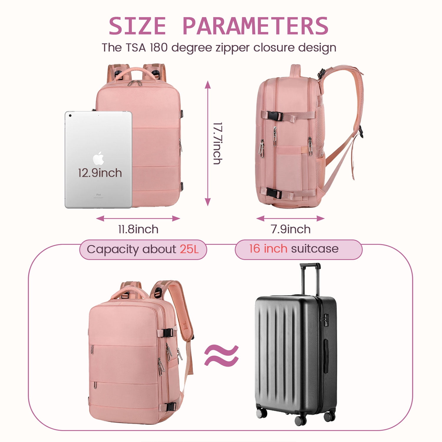 35L Travel Backpack for Women & Men, Carry On Backpack with USB Charging Port & Shoe Pouch, Expandable Flight Approved Backpack, Waterproof Travel Essentials for Weekender Business Hiking,Pink - Image 8