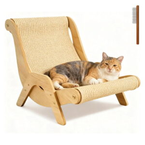 2-in-1 Sisal Cat Scratcher Lounger, Solid Wood & Sisal Curved Scratcher Bed, Cat Recliner Scraper Board for Indoor Sleeping & Scratching