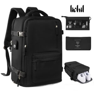 Livhil Travel Backpack for Adults, Carry On Flight Approved, Fits 16" Laptop, Black, Unisex