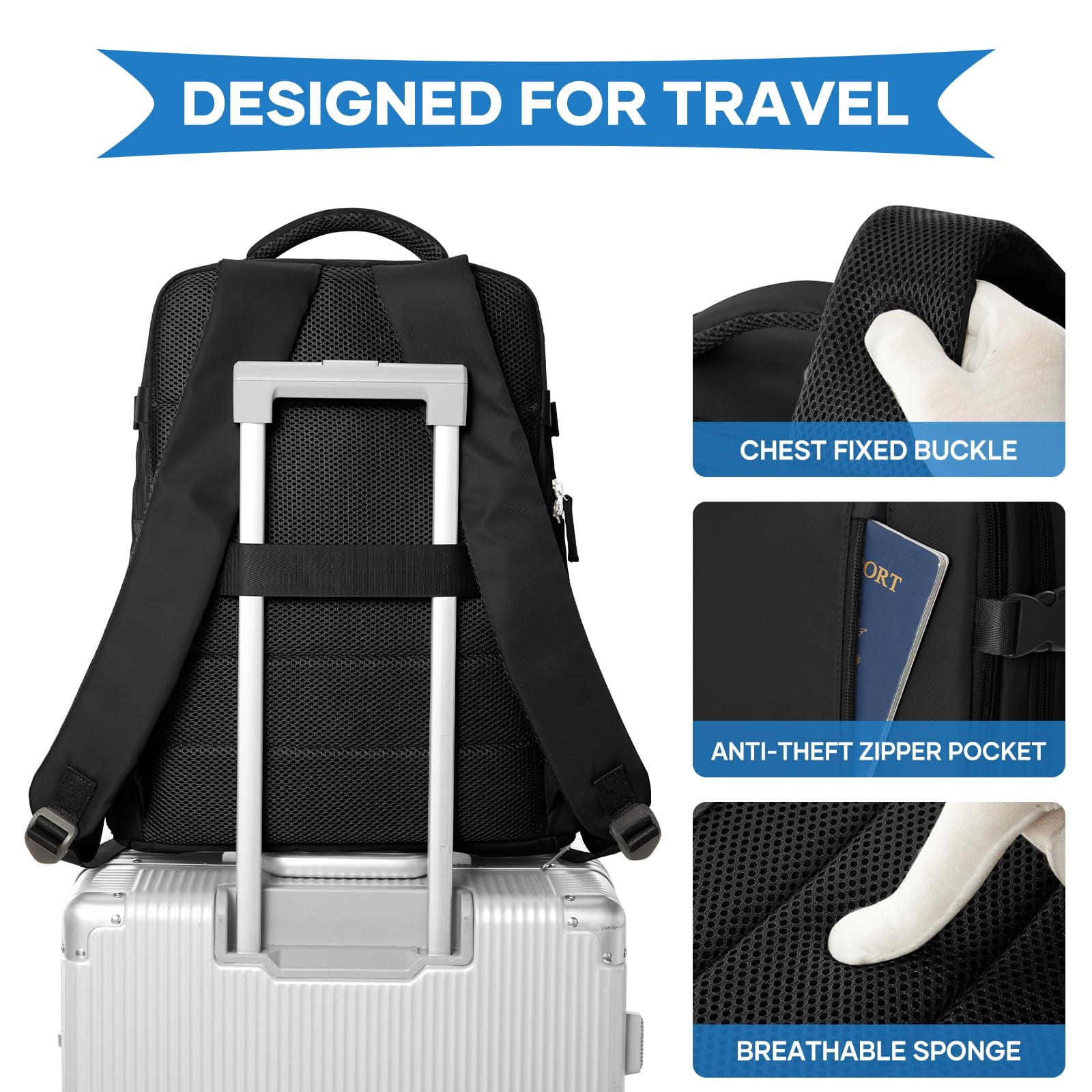 Livhil Travel Backpack for Adults, Carry On Flight Approved, Fits 16" Laptop, Black, Unisex - Image 7