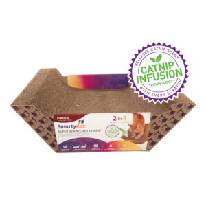 SmartyKat Super Scratcher Chaise, Catnip-Infused Corrugate Cat Scratcher & Lounge, Brown and Purple, Cat Face Print, 18" L x 14" W x 3.87" T