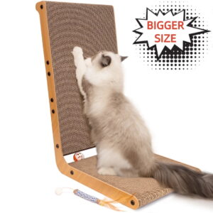 CheerPals Cat Scratcher, 12.6"x20.3"x23.6" L-Shaped Scratching Board，120° Scratch Post with Bell Teaser-wand for Indoor